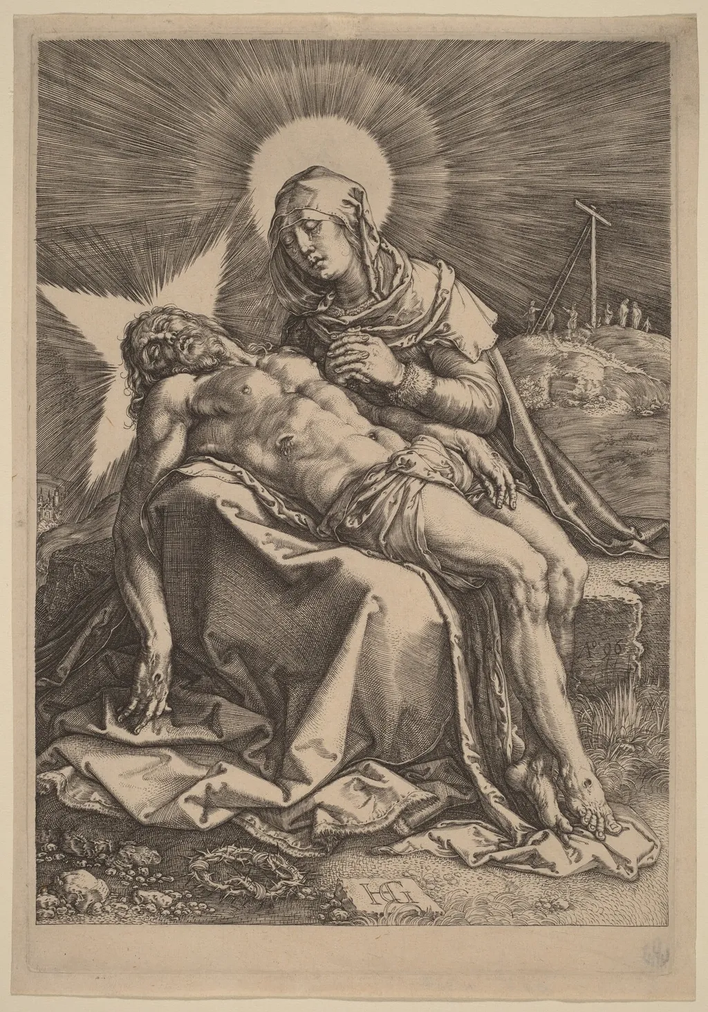 Pietà (The Sorrowing Virgin with the Dead Christ in Her Lap), by Hendrik Goltzius, ink, 1596