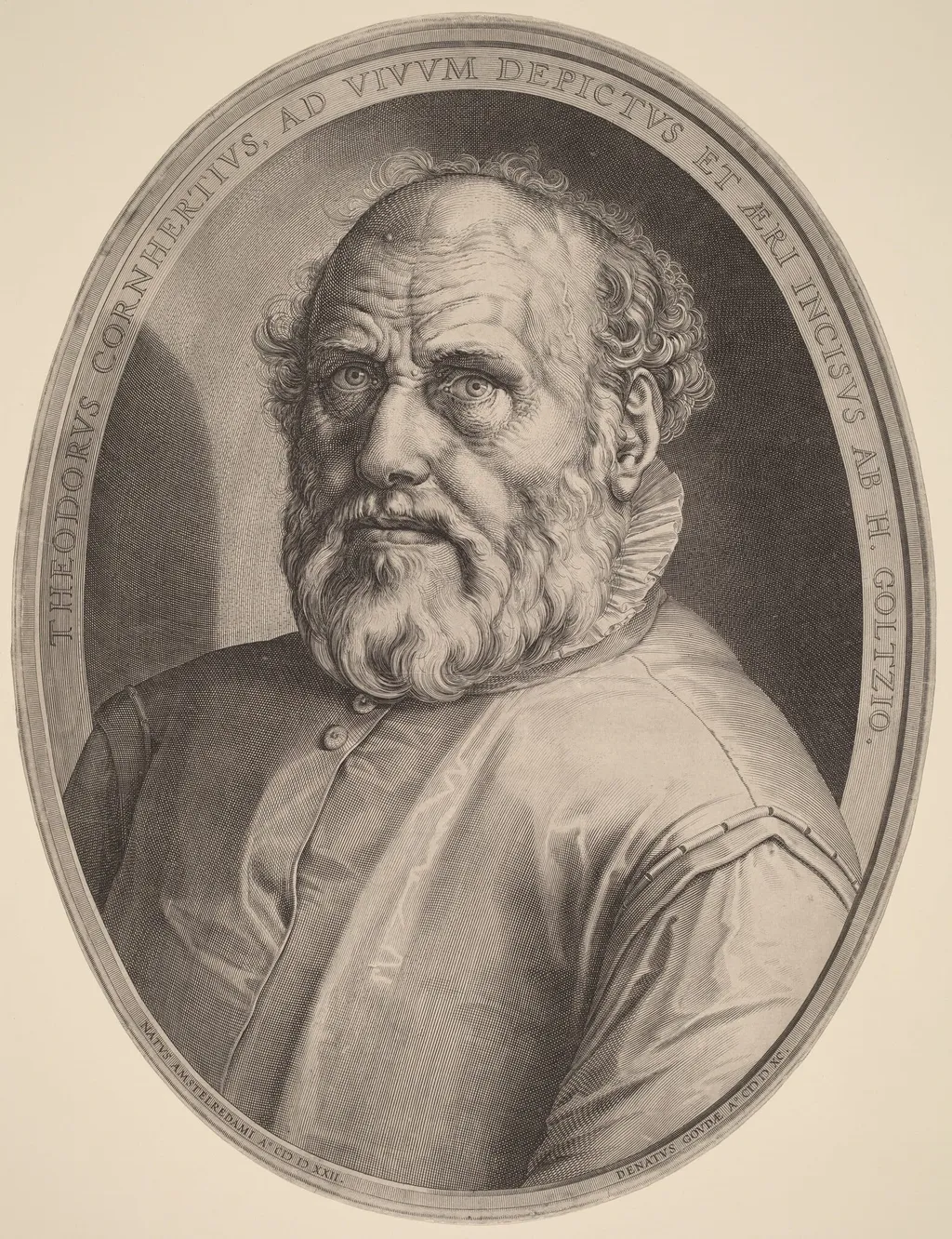Portrait of Dirck Volckertcz. Coornhert, by Hendrik Goltzius, ink, 1591