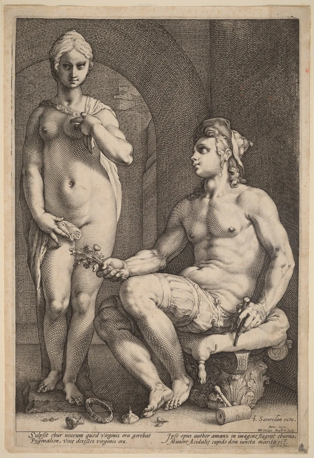 Pygmalion and Galatea, by Hendrik Goltzius, ink, 1593