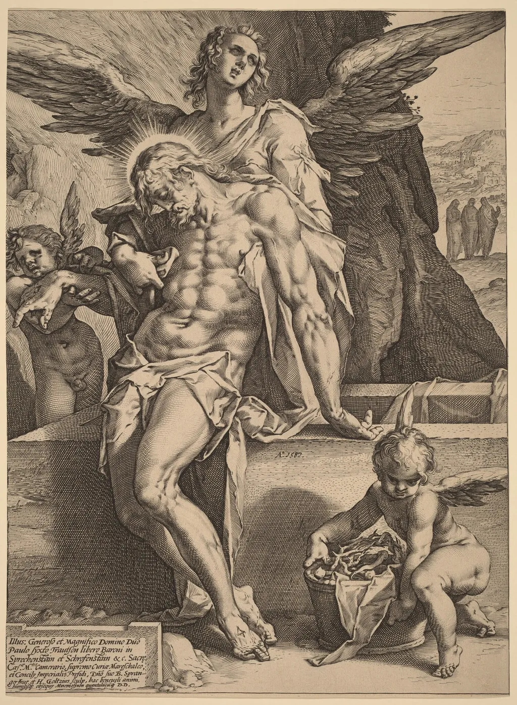 The Body of Christ Supported by Angels, by Hendrik Goltzius, ink, 1587