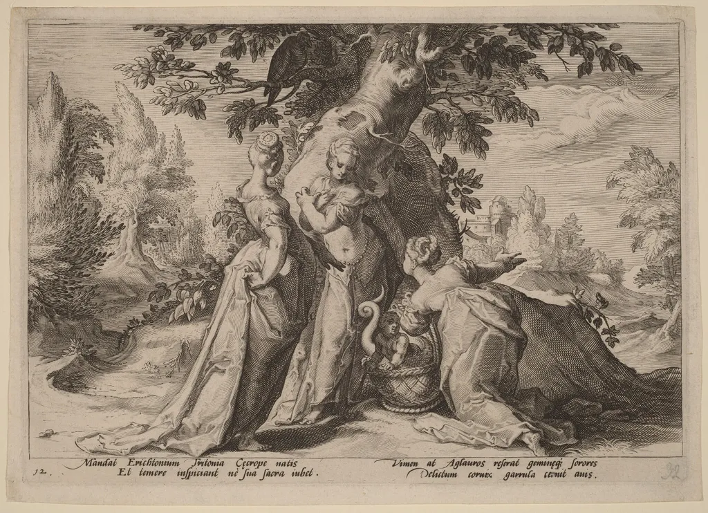 The Daughters of Cecrops Open the Casket Entrusted to Them by Minerva, by Hendrik Goltzius, ink, 1590