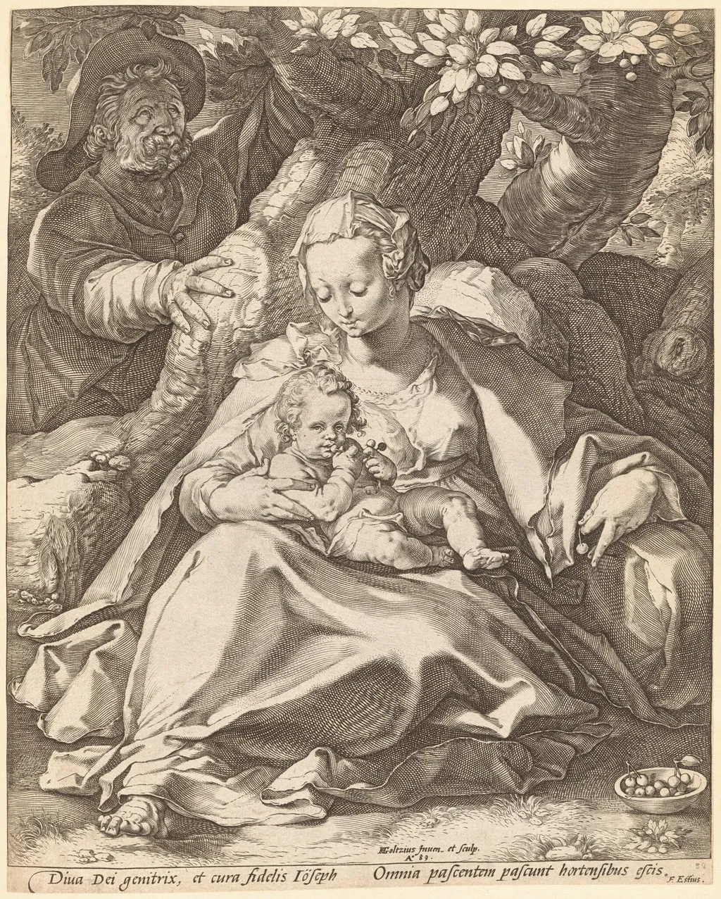 The Holy Family under a Cherry Tree, by Hendrik Goltzius, ink, 1589