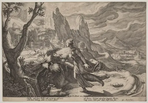 Thisbe Frightened by the Lion, by Hendrik Goltzius