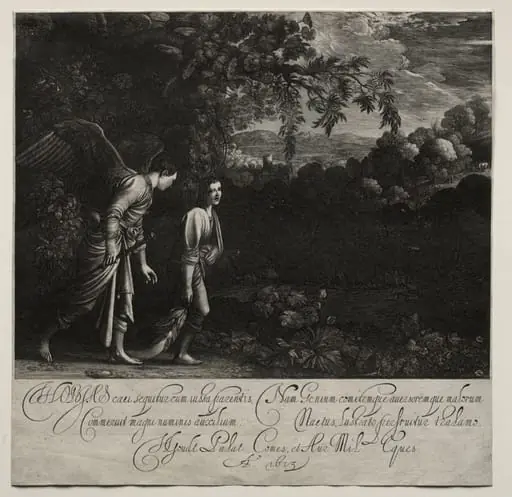 Tobias and the Angel (large plate), by Hendrik Goudt