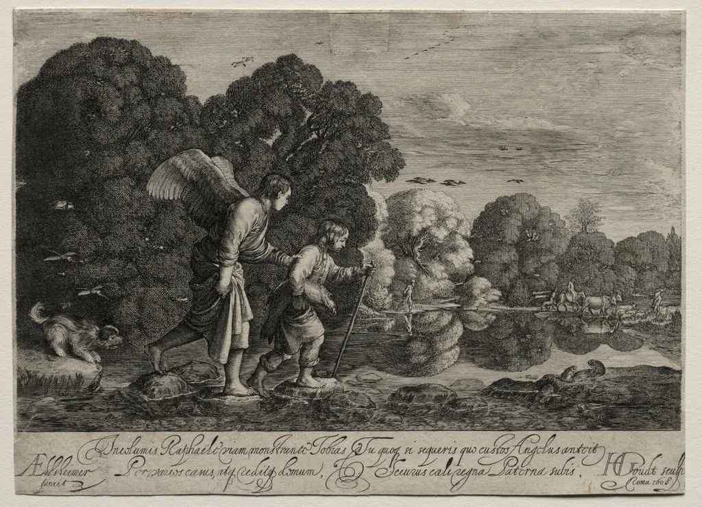 Tobias and the Angel (small plate), by Hendrik Goudt, 1608