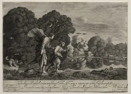 Tobias and the Angel (small plate), by Hendrik Goudt