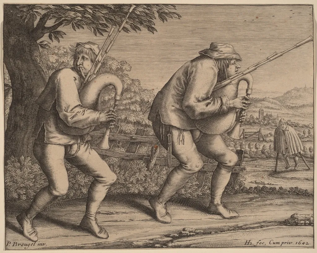 Two Bagpipe Players, by Hendrik Hondius I, ink, 1642