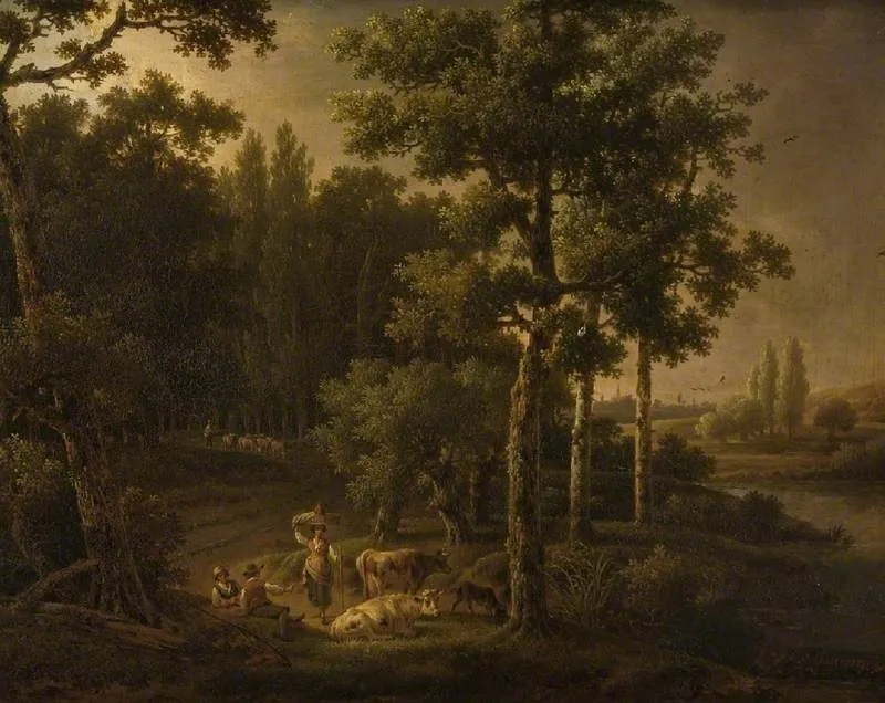 Landscape with flocks, by Hendrik-Jozef Antonissen, oil, 1794