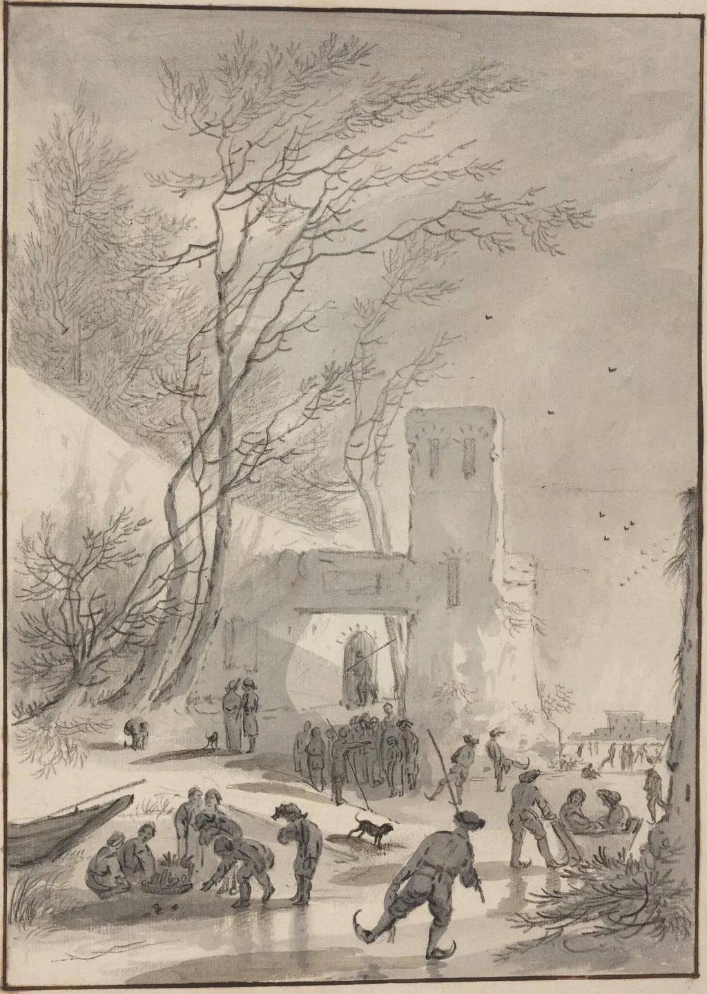 Skaters Outside a City Wall, by Hendrik van der Straaten, chalk, 1694