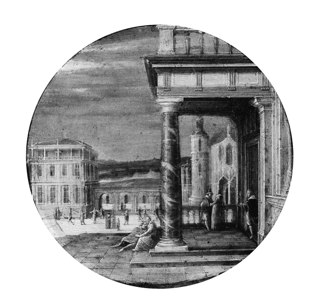 A Renaissance Portico with Elegant Figures, by Hendrik van Steenwijk II, oil, 1615