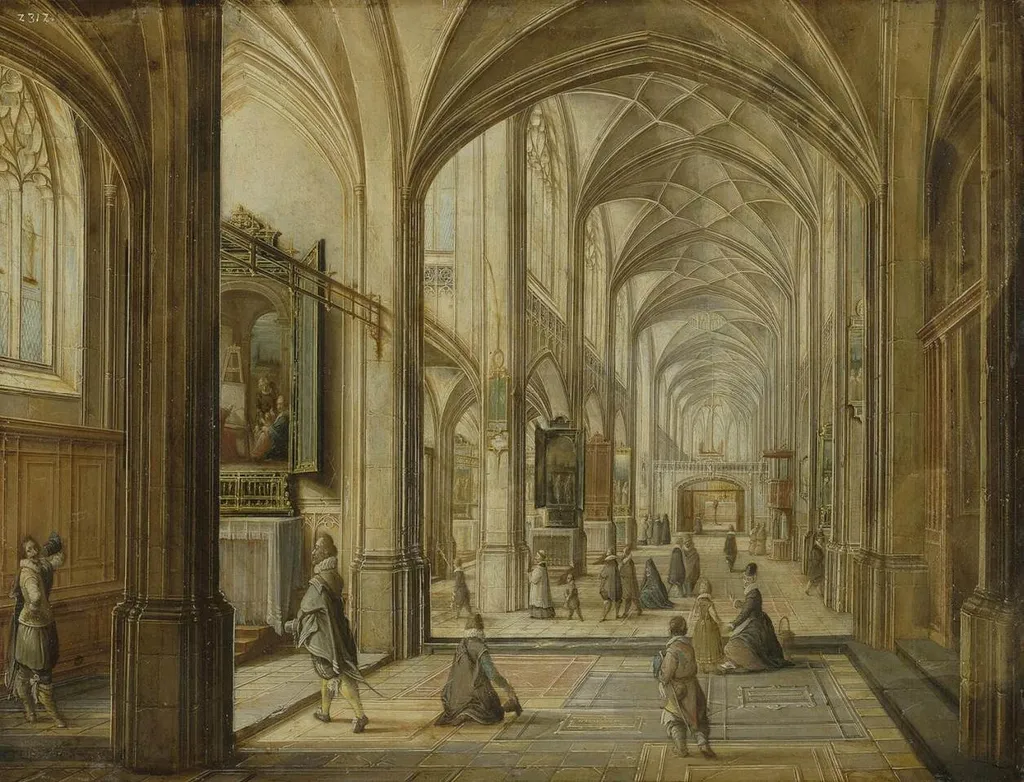 Interior of a Gothic Church, by Hendrik van Steenwijk II, oil, 1615