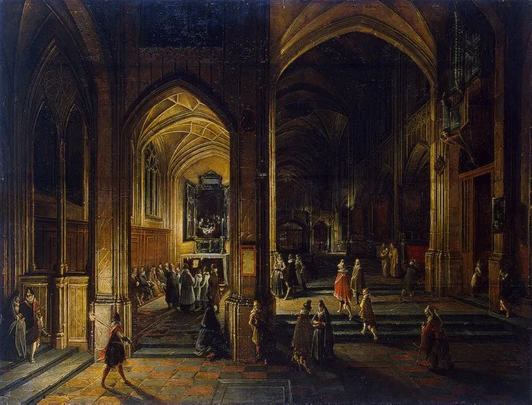 Interior of a Gothic Church, by Hendrik van Steenwijk II, oil, 1610