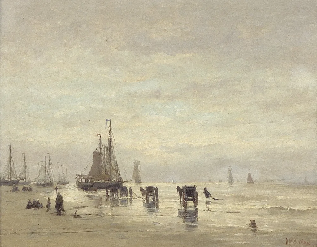 Beach with Boats and Seashell Hunters, by Hendrik Willem Mesdag, oil, 1892