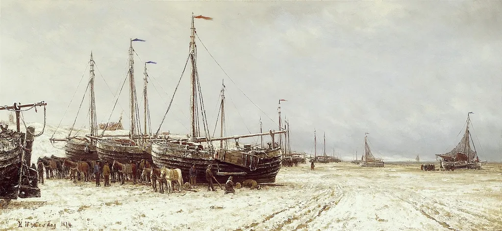 Boten op het strand bij Scheveningen, by Hendrik Willem Mesdag, 1874