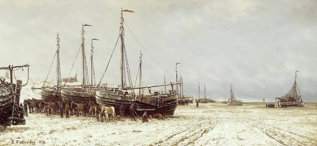 Boten op het strand bij Scheveningen, by Hendrik Willem Mesdag