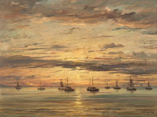 Sunset at Scheveningen: A Fleet of Fishing Vessels at Anchor, by Hendrik Willem Mesdag