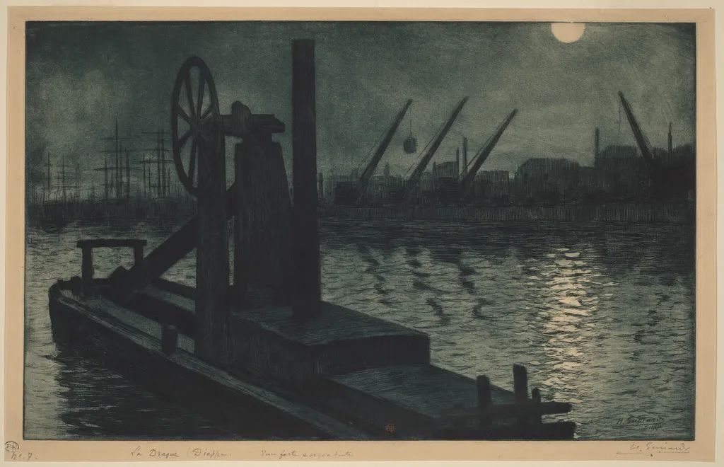 La Drague Dieppe (A Dredger in Dieppe Harbor by Moonlight), by Henri-Charles Guérard, ink, 1885