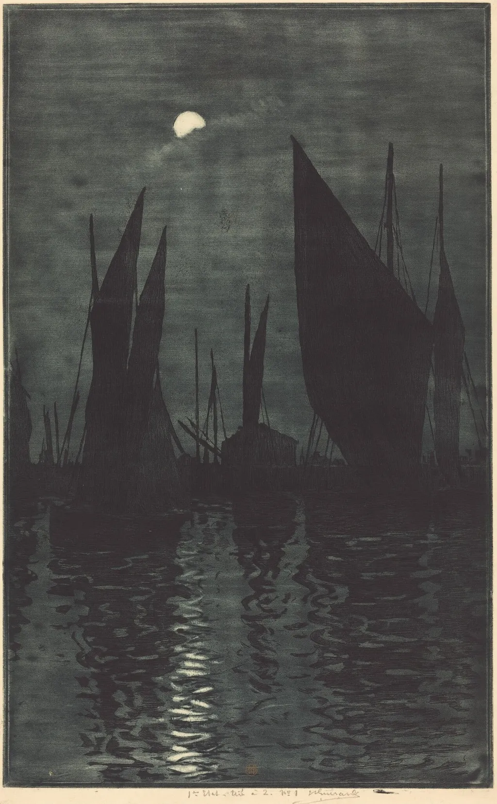 Moonlight in the Harbor at Dieppe, by Henri-Charles Guérard, ink, 1885