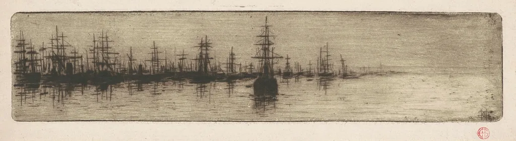 Tall Ships in a Harbor, by Henri-Charles Guérard, ink, 1880