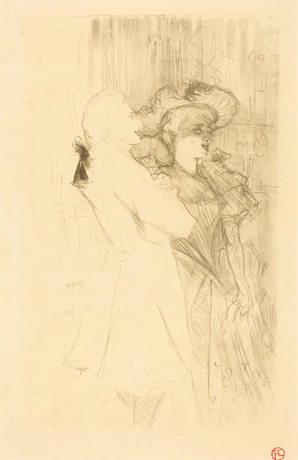 Lender and Auguez in "La chanson de fortunio" (Lender et Auguez dans "La chanson de fortunio"), by Henri de Toulouse-Lautrec, ink, 1895