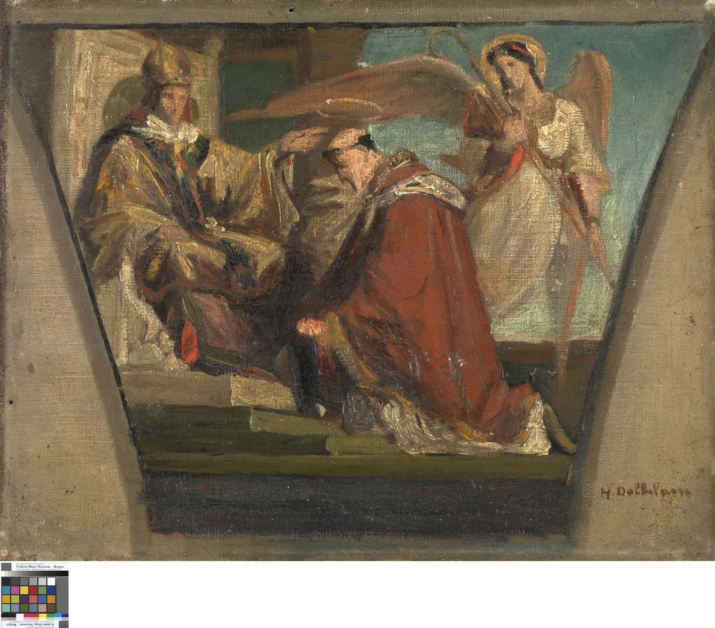 Heilige geknield voor een bisschop, by Henri Dobbelaere, oil, 1822