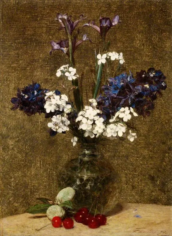 Flowers: Iris and Hyacinths, with Cherries and Almonds on the Table, by Henri Fantin-Latour