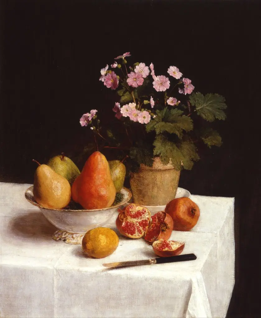 Still life (primroses, pears and pomegranates), by Henri Fantin-Latour