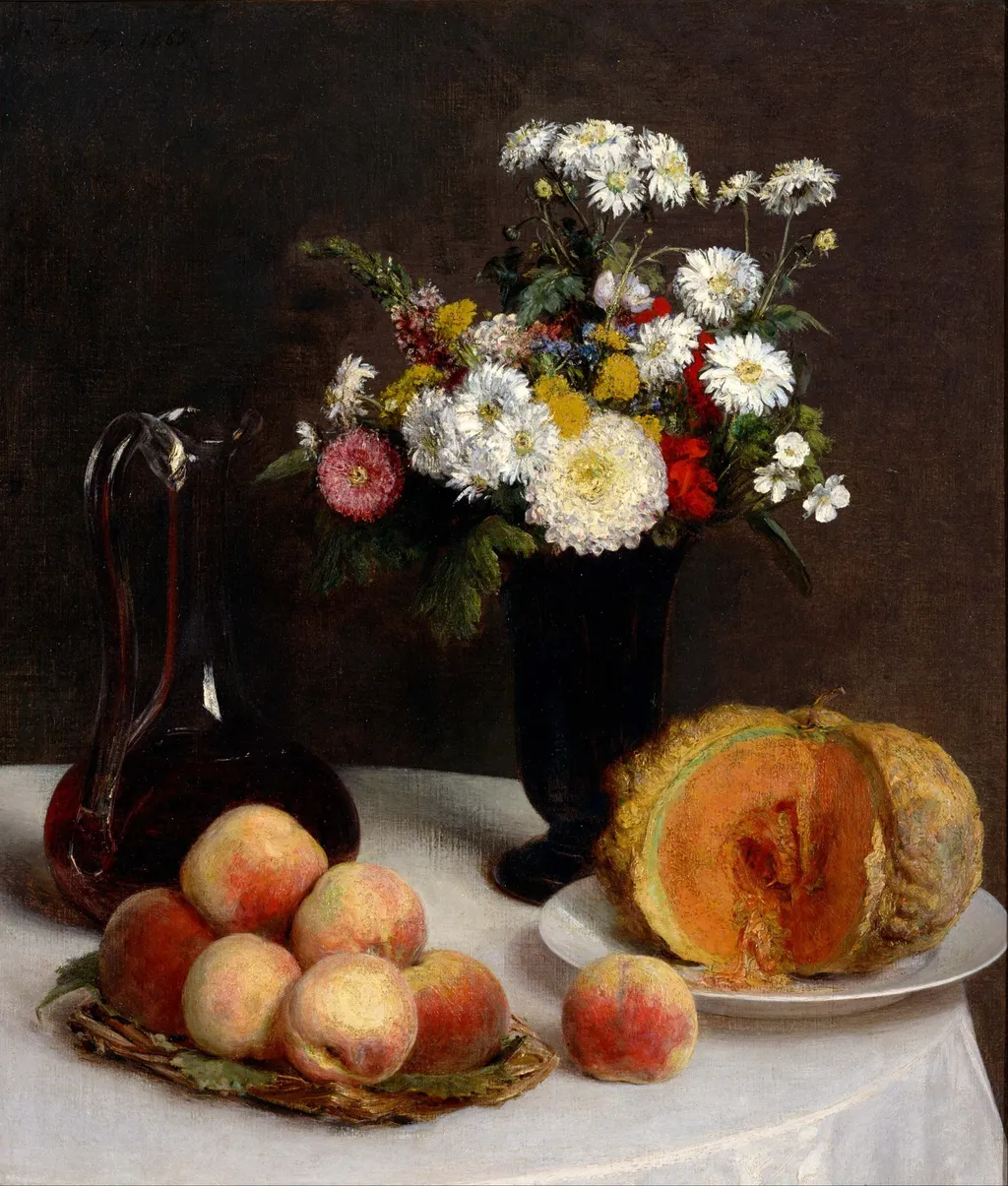 Still Life with a Carafe, Flowers and Fruit, by Henri Fantin-Latour, oil, 1865