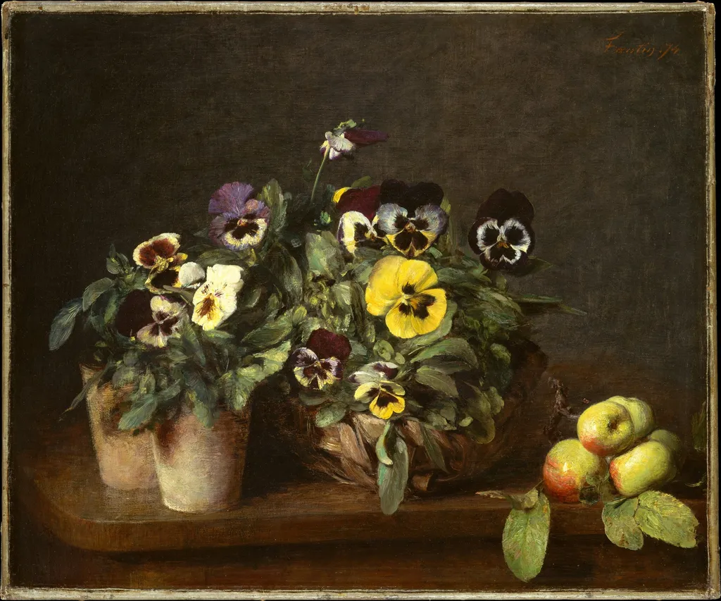 Still Life with Pansies, by Henri Fantin-Latour, oil, 1874