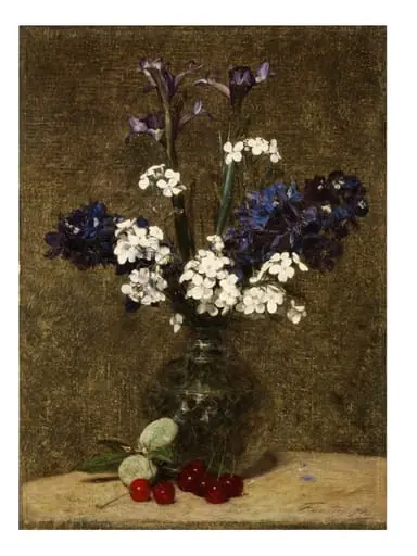 Vase of flowers, with Cherries and Almonds on the table, by Henri Fantin-Latour