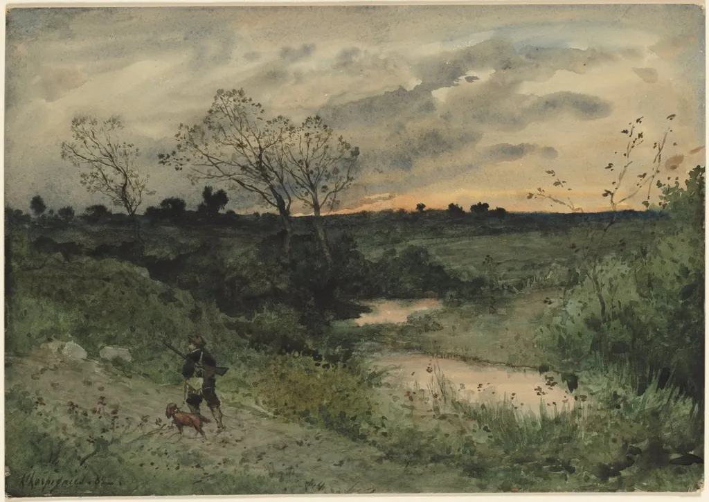 Dawn—Hunter with Dog, by Henri Harpignies, 1882