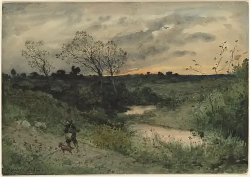 Dawn—Hunter with Dog, by Henri Harpignies