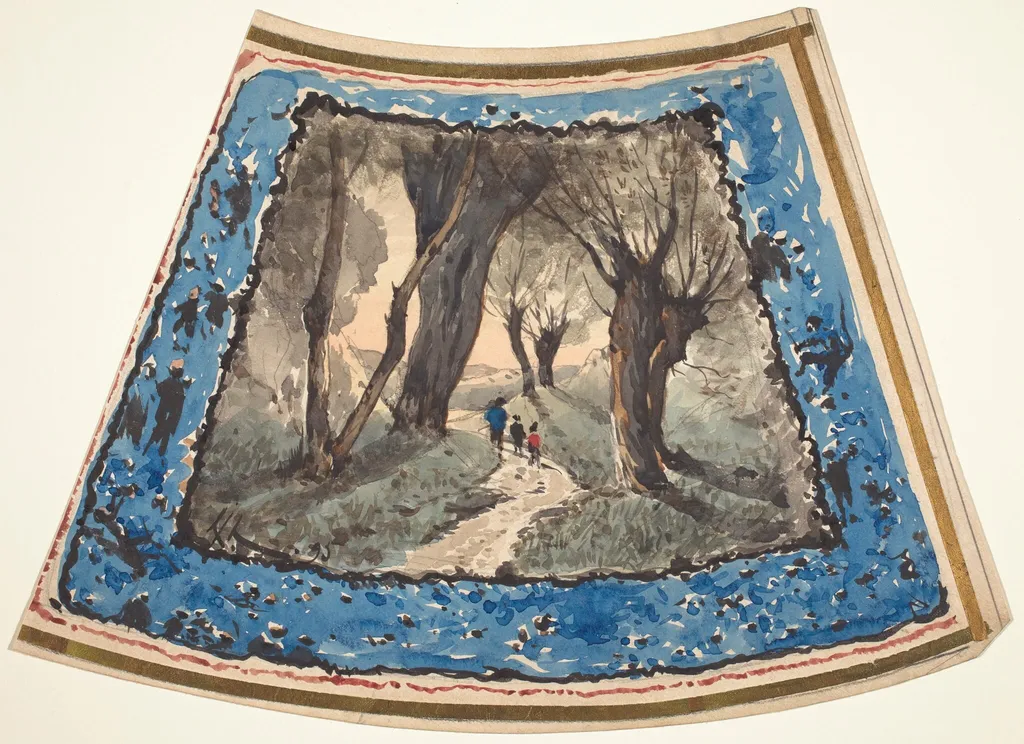 Travelers on a Wooded Path with a Border of Whimsical Figures and Monkeys, by Henri-Joseph Harpignies, ink, 1895