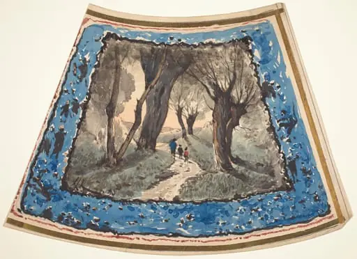 Travelers on a Wooded Path with a Border of Whimsical Figures and Monkeys, by Henri-Joseph Harpignies