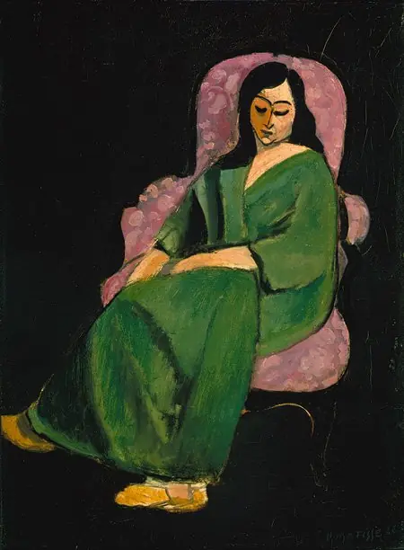 Laurette in a Green Robe, Black Background, by Henri Matisse