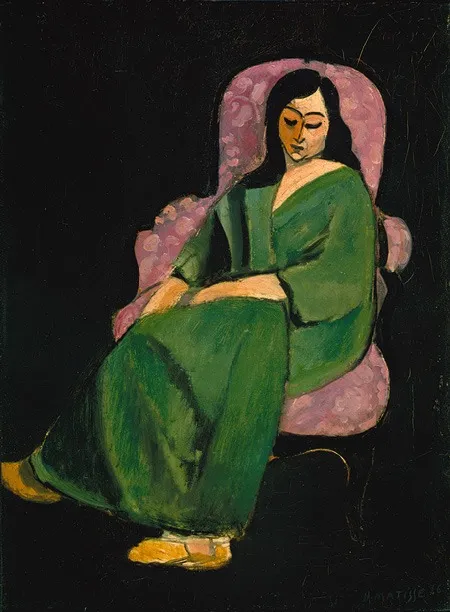 Laurette in a Green Robe, Black Background