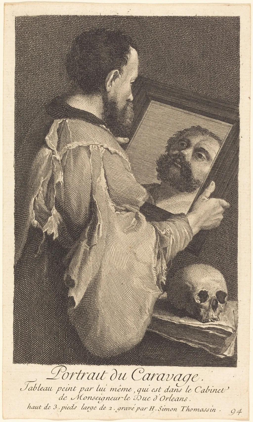 Portrait du Caravage (Portrait of Caravaggio), by Henri Simon Thomassin, ink, 1714
