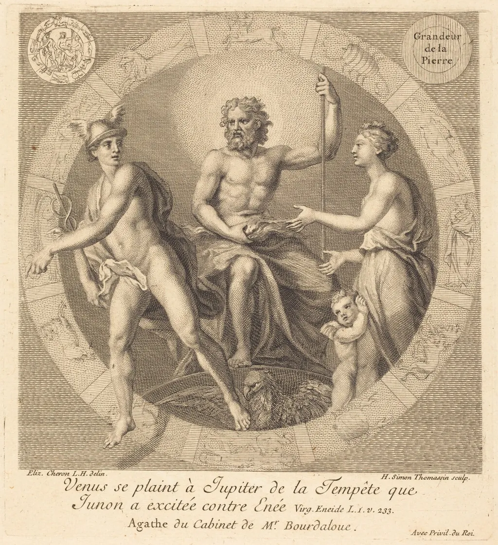 Venus se plaint a Jupiter de la tempete que Junon a excitee contre Enee, by Henri Simon Thomassin, ink, 1714
