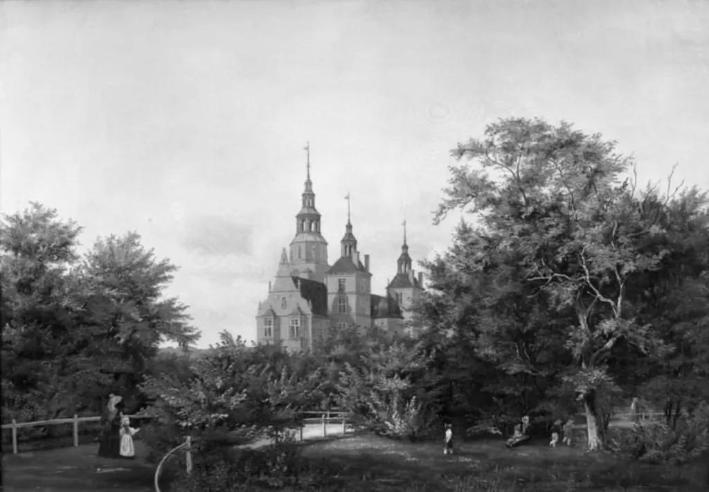 Rosenborg Slot set fra haven, by Henrich Christian From, oil, 1838