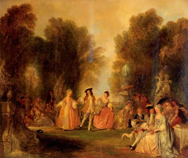 A Garden Scene, in the Manner of Watteau, by Henry Andrews, oil, 1849