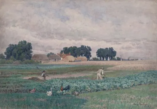 Cabbage field and farm, by Henry Bailey