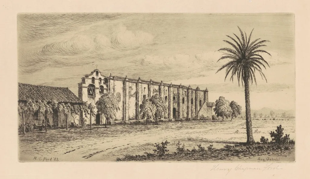 Mission San Gabriel Arcángel, by Henry Chapman Ford, ink, 1883