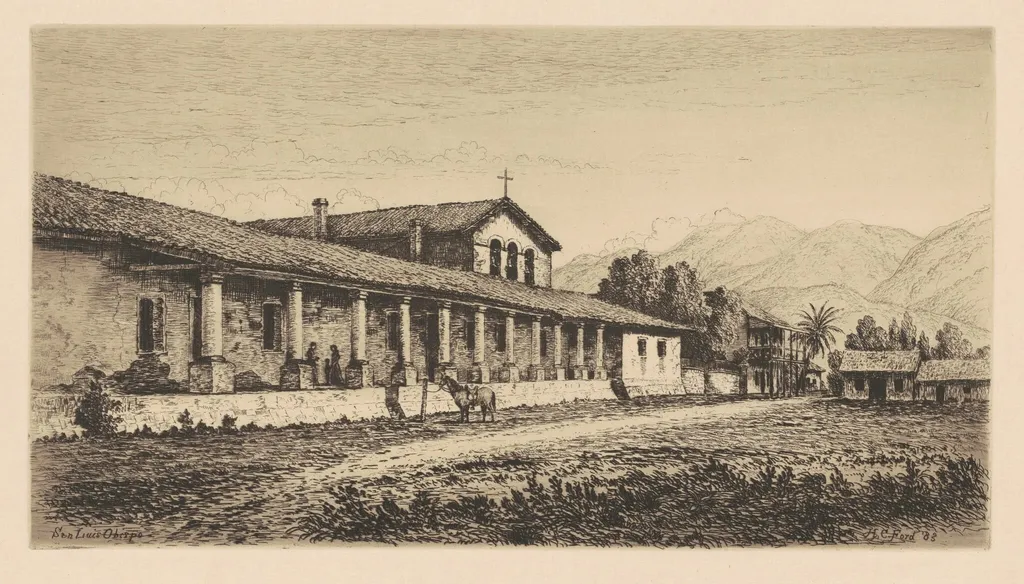 Mission San Luis Obispo, by Henry Chapman Ford, ink, 1883