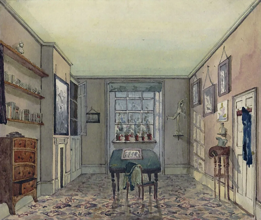 My room in 18 Stamford Street Blackfriars about AD 1829., by Henry Cole, watercolor, 1828