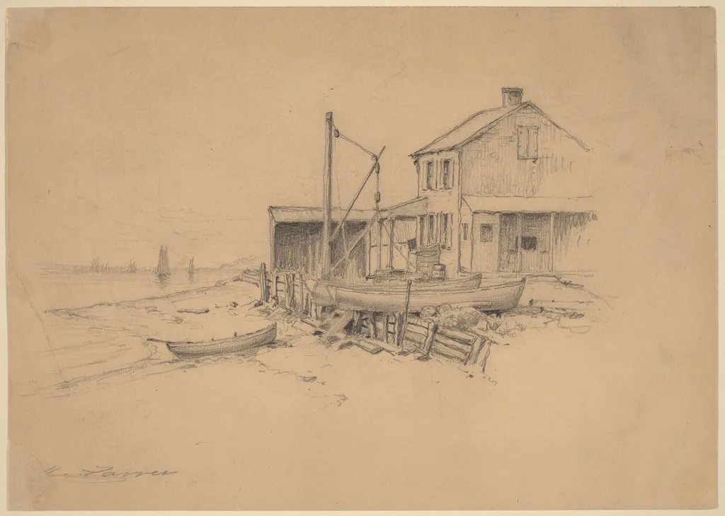 Fishing Boats and Shack, by Henry Farrer, graphite, 1873