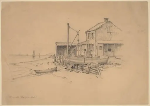 Fishing Boats and Shack, by Henry Farrer