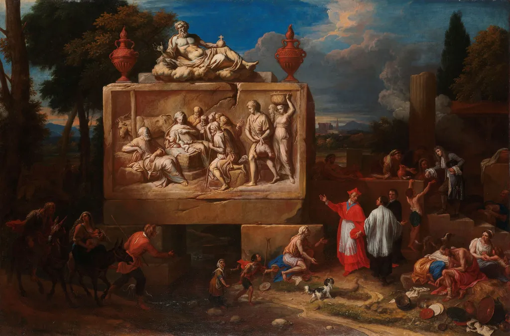 Fantasy landscape with Saint Carlo Borromeo, by Henry Ferguson, oil, 1710