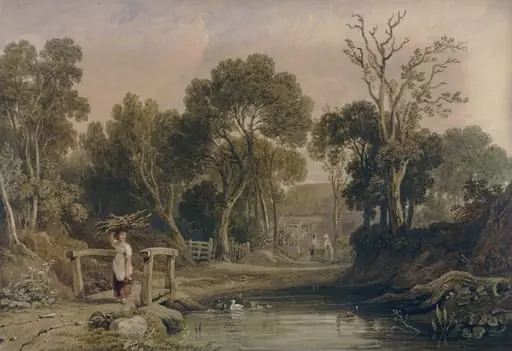 Landscape with a pond and country folk outside a cottage, by Henry Gastineau