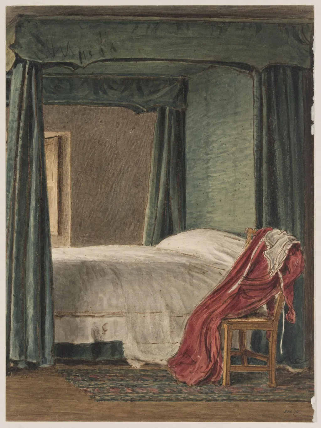 Interior of a bedroom, by Henry Hunt, watercolor, 1964