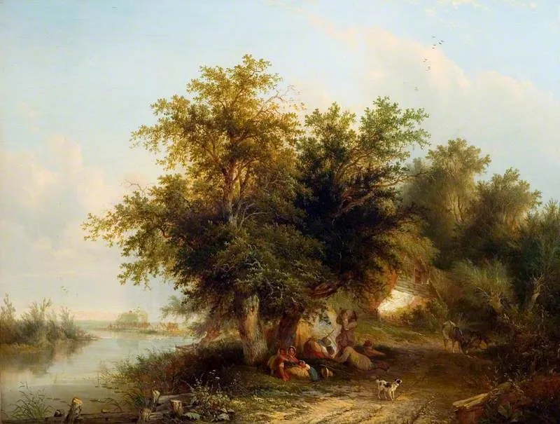 Landscape with Gypsies and Haymakers, by Henry John Boddington, oil, 1848